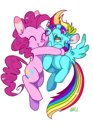 Size: 1500x2000 | Tagged: safe, artist:dannie, derpibooru import, pinkie pie, rainbow dash, crushing, eyes closed, female, hape, hug, lesbian, open mouth, pain, pinkiedash, pixiv, rubbing, shipping, smiling, spread wings, suffocating, wide eyes