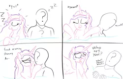 Size: 2528x1616 | Tagged: artist:frikdikulous, bed, blanket, colored lineart, comic, derpibooru import, female, handwritten text, human, lineart, male, oc, oc:anon, princess cadance, safe, simple background, sketch, straight, surprised