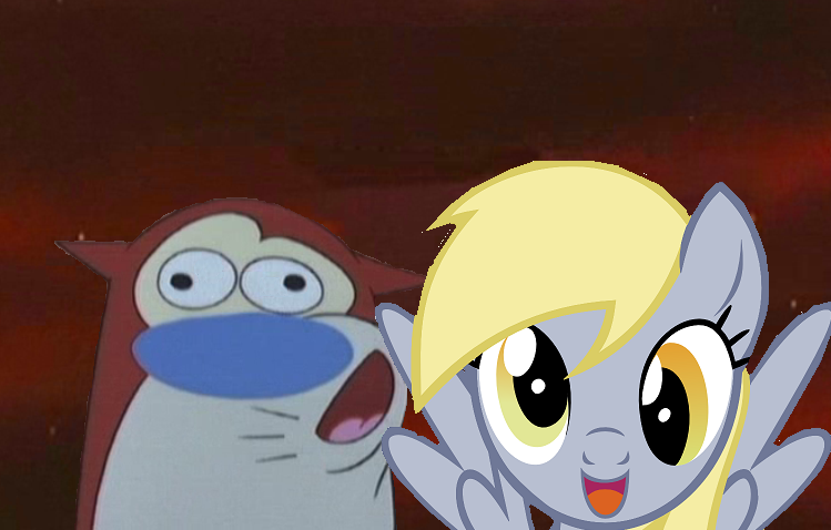 Size: 749x478 | Tagged: safe, derpibooru import, derpy hooves, pegasus, pony, crossover, derp face, female, mare, nickelodeon, ren and stimpy, smiling, stimpy