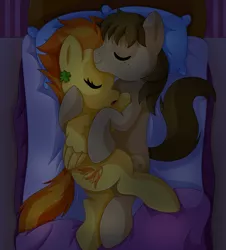 Size: 1139x1259 | Tagged: safe, artist:mintystitch, derpibooru import, spitfire, oc, oc:chocolate chips, earth pony, pegasus, pony, bed, canon x oc, clover, commission, cuddling, cute, eyes closed, female, firechips, four leaf clover, freckles, love, male, mare, shipping, sleeping, snuggling, stallion, straight