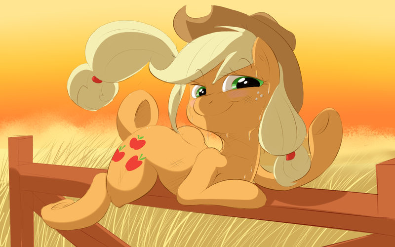 Size: 1600x1000 | Tagged: applejack, artist:khorme, derpibooru import, female, fence, field, looking at you, pose, solo, solo female, suggestive, sultry pose, sunset, sweat, underhoof