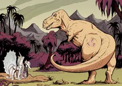 Size: 1201x851 | Tagged: safe, artist:andypriceart, derpibooru import, idw, fluttershy, princess celestia, star swirl the bearded, alicorn, dinosaur, pony, tyrannosaurus rex, unicorn, reflections, spoiler:comic, spoiler:comic17, a sound of thunder, cutie mark, dinosaurified, fluttersaurus rex, looking up, official comic, ray bradbury, species swap, time travel, wide eyes