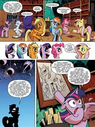 Size: 1397x1857 | Tagged: safe, artist:andypriceart, derpibooru import, idw, applejack, fluttershy, pinkie pie, princess celestia, rainbow dash, rarity, twilight sparkle, twilight sparkle (alicorn), alicorn, pony, spoiler:comic, spoiler:comic17, eyes closed, feather, female, floppy ears, looking up, mane 6 interests, mane six, mare, meme origin, open mouth, pointing, raised leg, smiling, spread wings, sweat, wide eyes