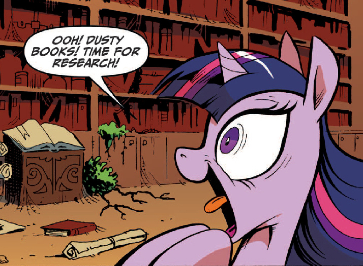 Size: 714x525 | Tagged: safe, derpibooru import, idw, twilight sparkle, twilight sparkle (alicorn), alicorn, pony, spoiler:comic, spoiler:comic17, book, excited, excited twilight meme, female, mare, meme origin, open mouth, solo, that pony sure does love books, tongue out, twilight fuel