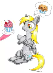 Size: 575x800 | Tagged: safe, artist:snacky-bites, derpibooru import, derpy hooves, pegasus, pony, crossed arms, cupcake, cupcakes vs muffins, female, mare, muffin, thought bubble, traditional art