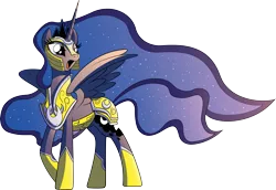 Size: 7001x4806 | Tagged: safe, artist:amy mebberson, artist:gimlas, derpibooru import, idw, princess luna, alicorn, pony, spoiler:comic, spoiler:comic08, absurd resolution, armor, ethereal mane, female, helmet, mare, simple background, solo, starry mane, transparent background, vector, warrior luna