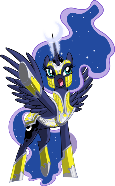 Size: 3000x4840 | Tagged: safe, artist:amy mebberson, artist:brunursus, derpibooru import, idw, princess luna, alicorn, pony, spoiler:comic, spoiler:comic08, armor, ethereal mane, female, helmet, magic, mare, raised hoof, simple background, solo, starry mane, transparent background, vector, warrior luna