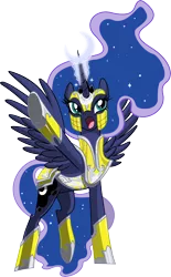 Size: 3000x4840 | Tagged: safe, artist:amy mebberson, artist:brunursus, derpibooru import, idw, princess luna, alicorn, pony, spoiler:comic, spoiler:comic08, armor, ethereal mane, female, helmet, magic, mare, raised hoof, simple background, solo, starry mane, transparent background, vector, warrior luna