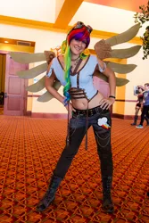 Size: 667x1000 | Tagged: 2013, artificial wings, artist needed, augmented, belly button, cosplay, derpibooru import, goggles, human, irl, irl human, mechanical wing, midriff, photo, rainbow dash, saboten con, safe, solo, steampunk, wings