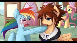 Size: 1500x843 | Tagged: angry, artist:jinzhan, crossover, crying, derpibooru import, fluttershy, glare, kingdom hearts, kingdom hearts of harmony, observer, open mouth, pointing, ponified, rainbow dash, sad, safe, sora