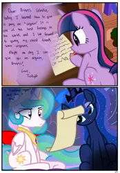 Size: 1741x2500 | Tagged: suggestive, artist:pyruvate, derpibooru import, princess celestia, princess luna, twilight sparkle, alicorn, pony, unicorn, comic:the usual, comic, friendship report, funny, funny as hell, innocent, poker face, unicorn twilight