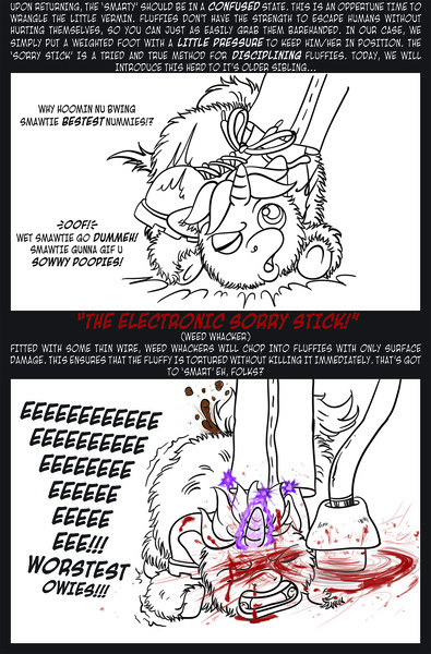 Size: 1013x1538 | Tagged: 2 panel comic, abuse, blood, comic, derpibooru import, fluffy pony, fluffy pony grimdark, grimdark, smarty friend, sorry stick, weed whacker