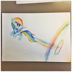 Size: 894x894 | Tagged: artist:affanita, derpibooru import, flying, photo, rainbow dash, safe, solo, sonic rainboom, traditional art, trail