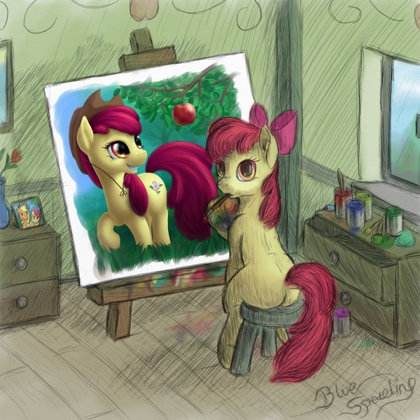 Size: 1500x1500 | Tagged: apple, apple bloom, applejack, artist:bluespaceling, derpibooru import, easel, flower, hat, mouth hold, paint, paintbrush, painting, safe, sitting, solo