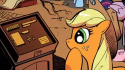 Size: 331x185 | Tagged: applejack, derpibooru import, golden gun, gun, idw, james bond, pistol, safe, spoiler:comic, spoiler:comic17, the man with the golden gun