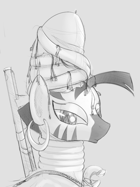 Size: 600x800 | Tagged: artist:cheshiresdesires, bashibazouk, black and white, derpibooru import, drawfag, grayscale, gun, islam, monochrome, musket, ottoman, pistol, safe, soldier, solo, turkic, turkish, warrior, weapon, zebra, zecora