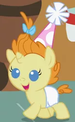 Size: 260x419 | Tagged: safe, derpibooru import, screencap, pumpkin cake, pony, baby cakes, baby, baby pony, cute, diaper, diapered, diapered filly, female, filly, happy, happy baby, hat, one month old filly, open mouth, party hat, smiling, solo, walking, white diaper