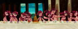 Size: 1000x381 | Tagged: safe, artist:girlieginger, derpibooru import, pinkie pie, earth pony, pony, too many pinkie pies, female, fine art parody, mare, multeity, parody, the last supper, too much pink energy is dangerous