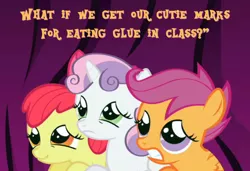 Size: 1280x875 | Tagged: safe, derpibooru import, apple bloom, scootaloo, sweetie belle, earth pony, pegasus, pony, unicorn, cutie mark crusaders, female, filly, glue, implied cannibalism, scrunchy face