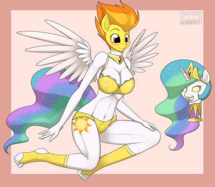 Size: 1280x1111 | Tagged: anthro, artist:kloudmutt, artist:krautalicornss, barefoot, blushing, bodysuit, breasts, busty princess celestia, busty spitfire, clothes, derpibooru import, edit, feet, female, mask, masking, plantigrade anthro, ponyrumi, princess celestia, solo, spitfire, suggestive