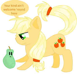 Size: 2000x2000 | Tagged: angry, applejack, artist:blueyedred, derpibooru import, hatless, hilarious in hindsight, missing accessory, pear, safe, simple background, solo, speech bubble, that pony sure does hate pears, transparent background