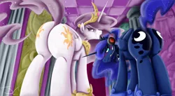 Size: 1200x658 | Tagged: suggestive, artist:jamescorck, derpibooru import, princess celestia, princess luna, alicorn, pony, gamer luna, princess molestia, blushing, butt shake, female, grin, headset, looking at you, looking back, looking back at you, low angle, mare, moonbutt, plot, plot pair, smiling, sunbutt