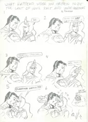 Size: 760x1051 | Tagged: artist:flanaganisking, batman, breasts, comic, crossover, crossover shipping, dc comics, derpibooru import, female, human, humanized, imminent sex, male, monochrome, princess celestia, straight, suggestive, supelestia, superman, the crack otp to end all crack otps, traditional art