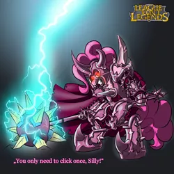 Size: 2000x2000 | Tagged: armor, artist:davidcurser, crossover, derpibooru import, league of legends, lightning, mace, mordekaiser, pinkie pie, safe, solo, spikes