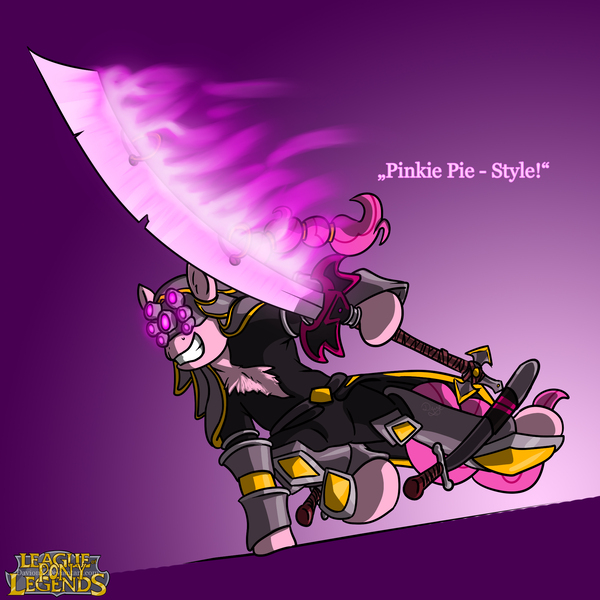 Size: 2000x2000 | Tagged: armor, artist:davidcurser, crossover, dao, derpibooru import, goggles, league of legends, master yi, pinkie pie, safe, solo, sword