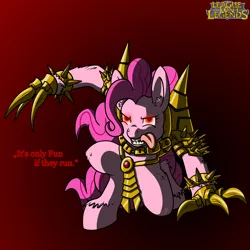 Size: 2000x2000 | Tagged: semi-grimdark, artist:davidcurser, derpibooru import, pinkie pie, werewolf, armor, claws, crossover, glowing eyes, league of legends, solo, spikes, tongue out, warwick