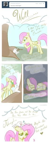 Size: 735x2123 | Tagged: angel bunny, artist:askumfluttershy, ask, ask fluttershy, carrot, comic, derpibooru import, filly, fluttershy, mouth hold, rain, safe, sleeping, tumblr