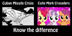 Size: 2806x1421 | Tagged: apple bloom, bad joke, cuban missile crisis, cutie mark crusaders, derpibooru import, know the difference, meme, safe, scootaloo, sweetie belle