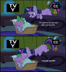 Size: 1000x1085 | Tagged: safe, derpibooru import, edit, edited screencap, screencap, spike, twilight sparkle, dragon, pony, unicorn, winter wrap up, basket, basket bed, cute, daaaaaaaaaaaw, dialogue, eyes closed, female, leaning, lidded eyes, long neck, male, mama twilight, mare, nuzzling, open mouth, prone, screencap comic, sleeping, smiling, spikelove, text, tv-y, unicorn twilight