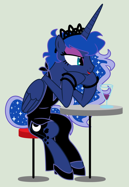 Size: 1600x2305 | Tagged: safe, artist:evilfrenzy, derpibooru import, princess luna, alicorn, pony, alternate hairstyle, clothes, dress, drink, female, makeup, mare, sitting, solo, table, vector