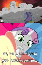 Size: 500x773 | Tagged: caption, derpibooru import, for whom the sweetie belle toils, hub logo, image macro, meme, raricloud, rarity, safe, somepony to watch over me, sweetie belle, sweetie belle's nightmare, twitter