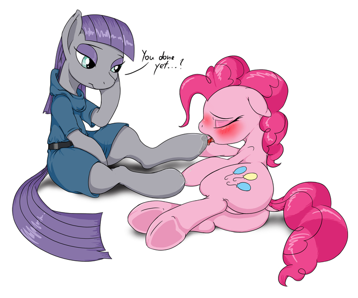 Size: 2594x2158 | Tagged: suggestive, artist:almar, derpibooru import, maud pie, pinkie pie, earth pony, pony, blushing, bored, bored sex, clothes, dialogue, dock, drawthread, drool, eyes closed, featureless crotch, female, floppy ears, hoof fetish, hoof licking, hoof worship, hooves, incest, lesbian, mare, open mouth, piecest, pinkiemaud, plot, side, simple background, sitting, tongue out, underhoof, white background