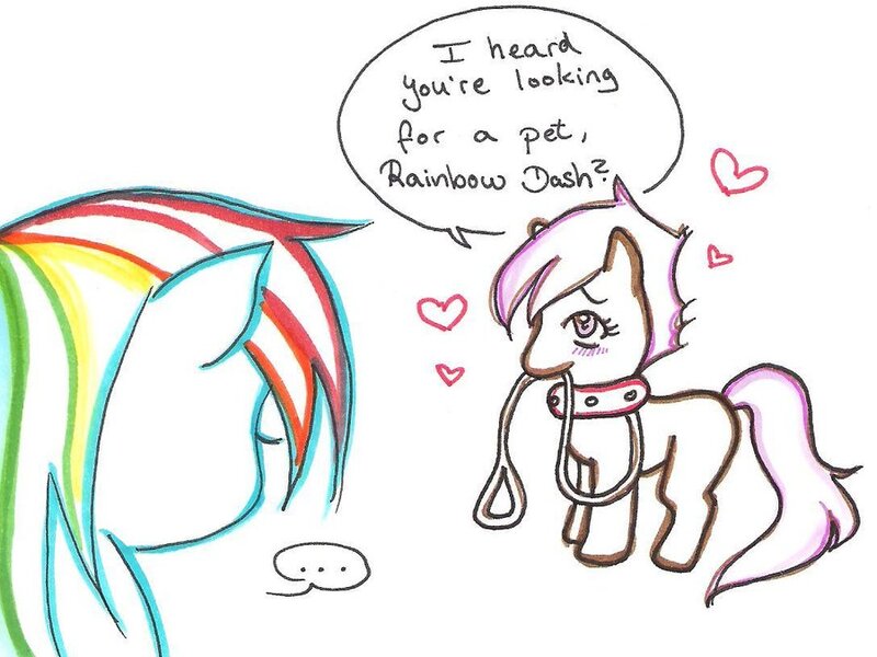 Size: 900x675 | Tagged: safe, artist:paranoiaagentothello, derpibooru import, rainbow dash, scootaloo, pegasus, pony, ..., collar, leash, pet play, scootapet, wingless