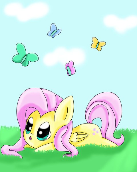 Size: 4000x5000 | Tagged: safe, artist:mykittyjasper, derpibooru import, fluttershy, butterfly, chibi, solo