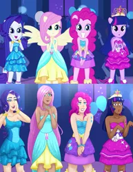 Size: 721x933 | Tagged: safe, artist:emberfan11, derpibooru import, fluttershy, pinkie pie, rarity, twilight sparkle, equestria girls, bare shoulders, chubby, clothes, comparison, dark skin, diversity, dress, fall formal outfits, female, human coloration, humanized, nail polish, open mouth, raptor hands, scene interpretation, screencap reference, sleeveless, strapless, twilight ball dress