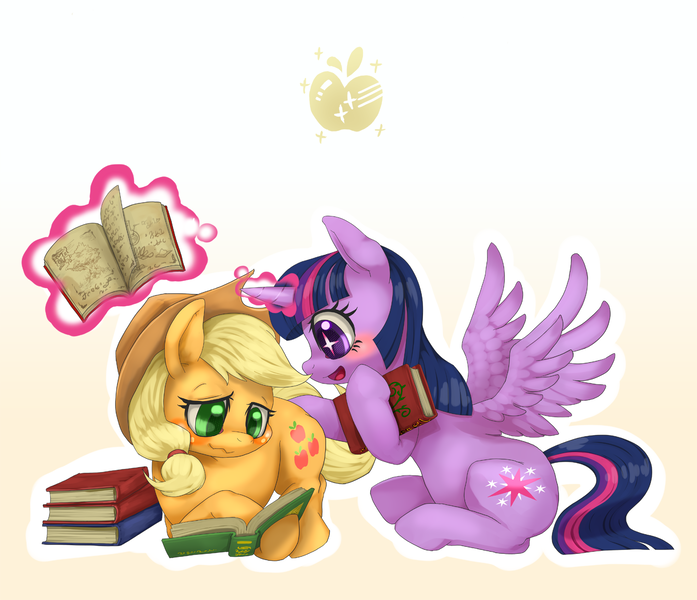 Size: 1600x1378 | Tagged: safe, artist:yutoraru, derpibooru import, applejack, twilight sparkle, twilight sparkle (alicorn), alicorn, pony, blushing, book, female, lesbian, magic, mare, shipping, twijack