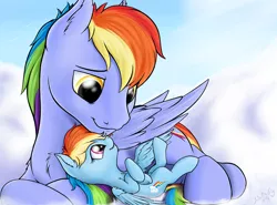 Size: 2700x2000 | Tagged: safe, artist:nobody47, derpibooru import, rainbow blaze, rainbow dash, pegasus, pony, cloud, cloudy, cuddling, cute, dashabetes, father and daughter, female, filly, fluffy, grin, looking at each other, male, nuzzling, on back, prone, smiling, snuggling, stallion