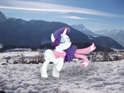 Size: 3648x2736 | Tagged: artist:missbeigepony, artist:quanno3, clothes, derpibooru import, irl, mountain, photo, ponies in real life, rarity, safe, scarf, snow, solo, town, tree, vector, wallpaper