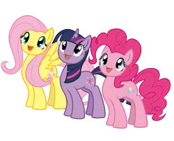 Size: 3656x2965 | Tagged: safe, artist:nekokevin, derpibooru import, fluttershy, pinkie pie, twilight sparkle, earth pony, pegasus, pony, unicorn, looking up, open mouth, simple background, smiling, standing