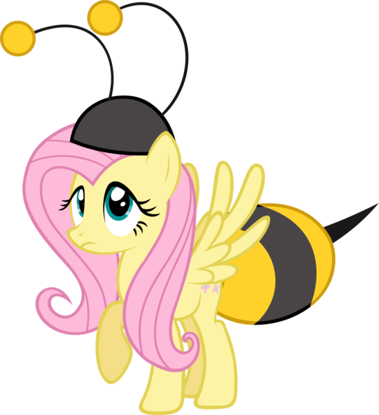 Size: 1591x1743 | Tagged: animal costume, artist:zacatron94, bee costume, clothes, costume, derpibooru import, flutterbee, fluttershy, frown, raised hoof, safe, simple background, solo, spread wings, transparent background, vector