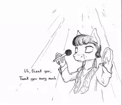 Size: 965x828 | Tagged: artist:ravetuba, clothes, curly hair, derpibooru import, elvis presley, microphone, monochrome, ponified, safe, solo, spotlight, suit, traditional art