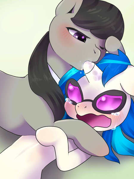 Size: 1200x1600 | Tagged: questionable, artist:ayahana, derpibooru import, octavia melody, vinyl scratch, earth pony, pony, unicorn, blushing, crying, drool, female, hornjob, lesbian, mare, on back, open mouth, pixiv, scratchtavia, shipping, sunglasses, wavy mouth, wink