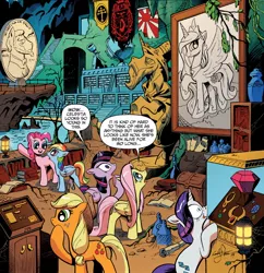 Size: 1376x1424 | Tagged: safe, artist:andypriceart, derpibooru import, idw, applejack, fluttershy, pinkie pie, princess celestia, rainbow dash, rarity, star swirl the bearded, twilight sparkle, twilight sparkle (alicorn), alicorn, pony, spoiler:comic, spoiler:comic17, abraham lincoln, andy you magnificent bastard, banner, batcave, batman, cropped, dc comics, dracula, female, flag, gem, giant penny, golden gun, greed, gun, james bond, japan, mane six, mare, the man with the golden gun