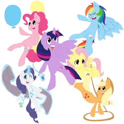 Size: 3000x3000 | Tagged: safe, artist:thepiplup, derpibooru import, applejack, fluttershy, pinkie pie, rainbow dash, rarity, twilight sparkle, twilight sparkle (alicorn), alicorn, pony, balloon, female, lasso, magic, mane six, mare, thread