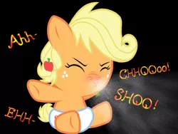 Size: 1024x768 | Tagged: safe, artist:proponypal, derpibooru import, applejack, pony, baby, baby pony, babyjack, cold, diaper, filly, foal, gross, mucous, nostril flare, nostrils, sick, sneezing, sneezing fetish, sneezing fit, sneezy, solo, spit, spray