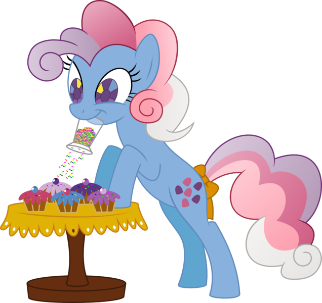 Size: 1194x1126 | Tagged: artist:kaylathehedgehog, bow, crystal berries, cupcake, cute, derpibooru import, food, g1, g1 to g4, generation leap, mouth hold, safe, solo, sprinkles, sweet stuff, sweet sweet stuff, tail bow, twinkle eyed pony